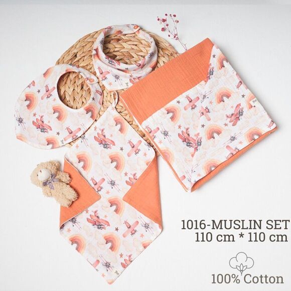 Baby Muslin blanket +burp cloth + toy + bib set, organic muslin baby bib, 4 laye - Picture 2 of 4